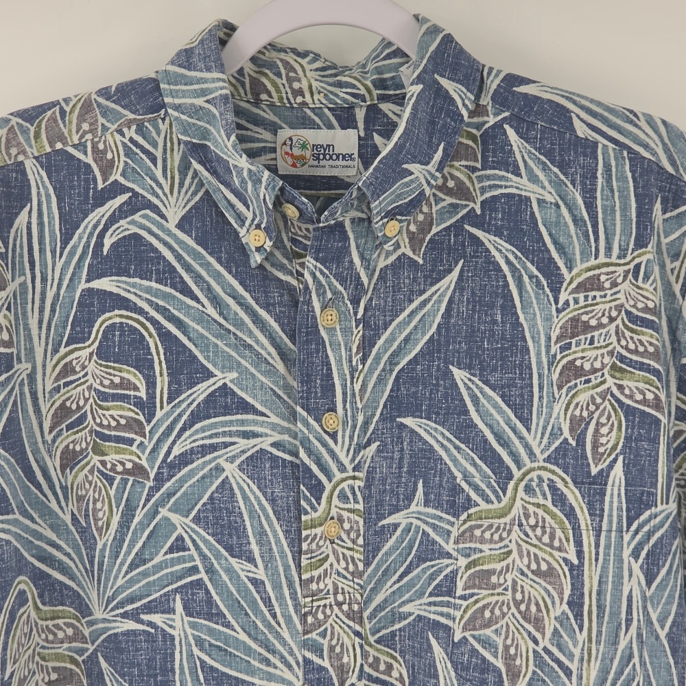 Reyn Spooner Shirt Mens Large Blue Reverse Print Floral Hawaiian Pullover Aloha